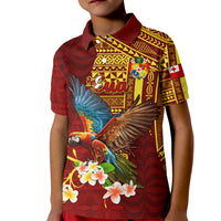 Personalized Tonga Eua Kid Polo Shirt Maroon Shining Parrot Coat Of Arms With Ngatu Pattern LT05 Kid Red - Polynesian Pride