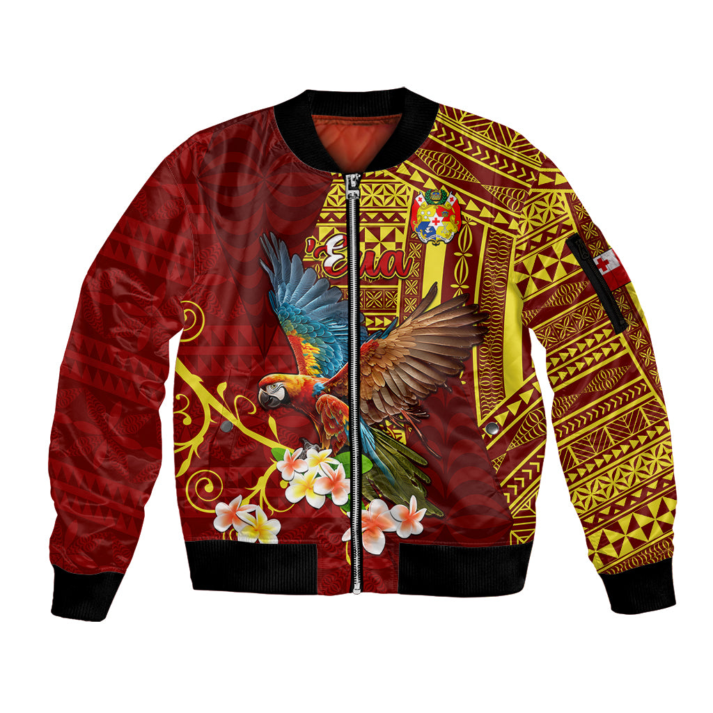 Personalized Tonga Eua Sleeve Zip Bomber Jacket Maroon Shining Parrot Coat Of Arms With Ngatu Pattern LT05 Unisex Red - Polynesian Pride