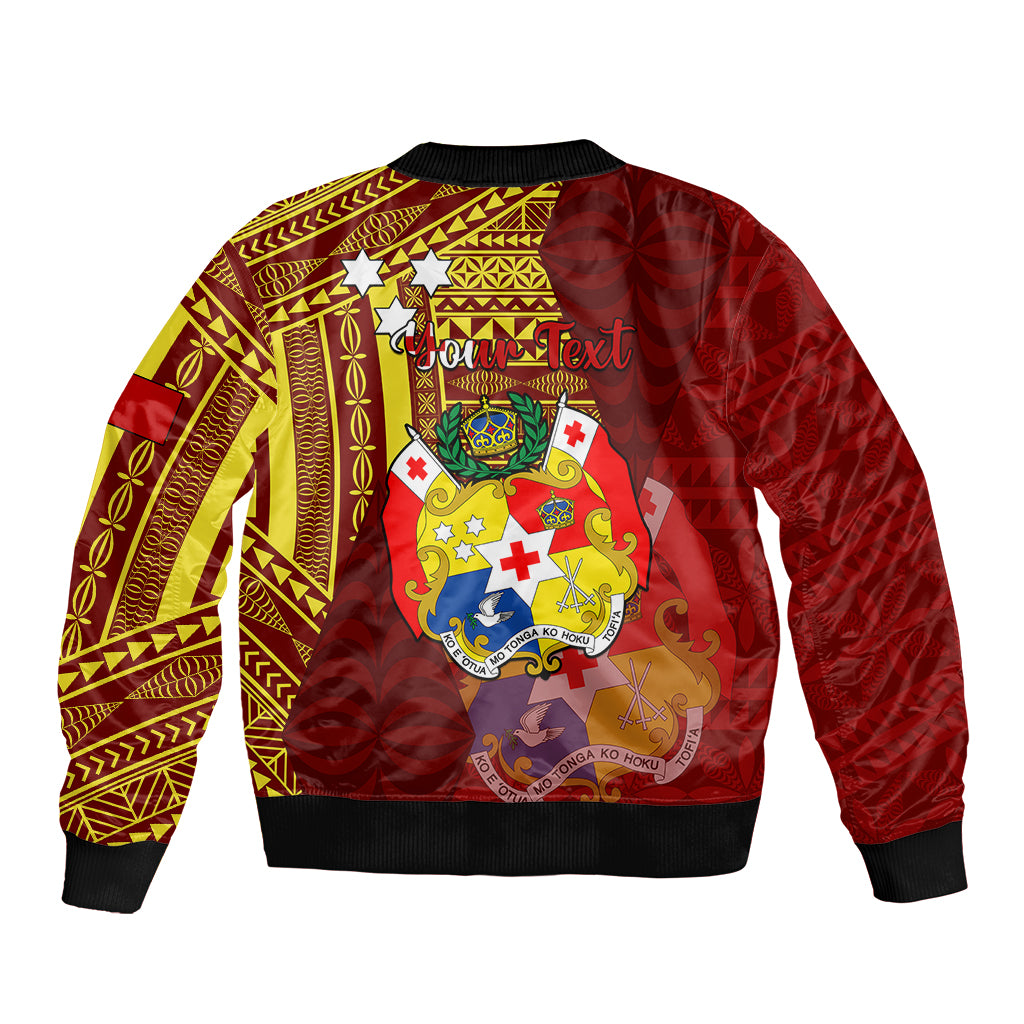 Personalized Tonga Eua Sleeve Zip Bomber Jacket Maroon Shining Parrot Coat Of Arms With Ngatu Pattern LT05 - Polynesian Pride