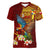 Personalized Tonga Eua Women V Neck T Shirt Maroon Shining Parrot Coat Of Arms With Ngatu Pattern LT05 Female Red - Polynesian Pride