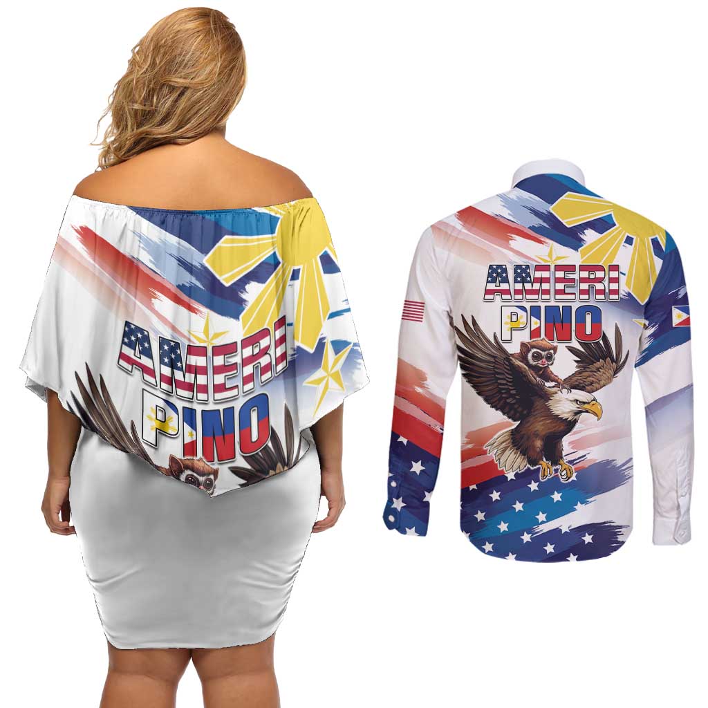 Filipino American History Month Couples Matching Off Shoulder Short Dress and Long Sleeve Button Shirt Bald Eagle Tarsier Together