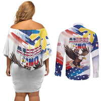 Filipino American History Month Couples Matching Off Shoulder Short Dress and Long Sleeve Button Shirt Bald Eagle Tarsier Together