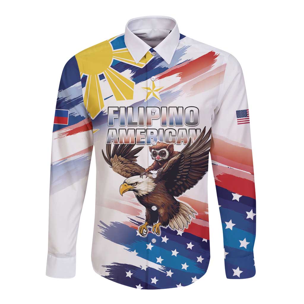 Filipino American History Month Long Sleeve Button Shirt Bald Eagle Tarsier Together LT05 Unisex White - Polynesian Pride
