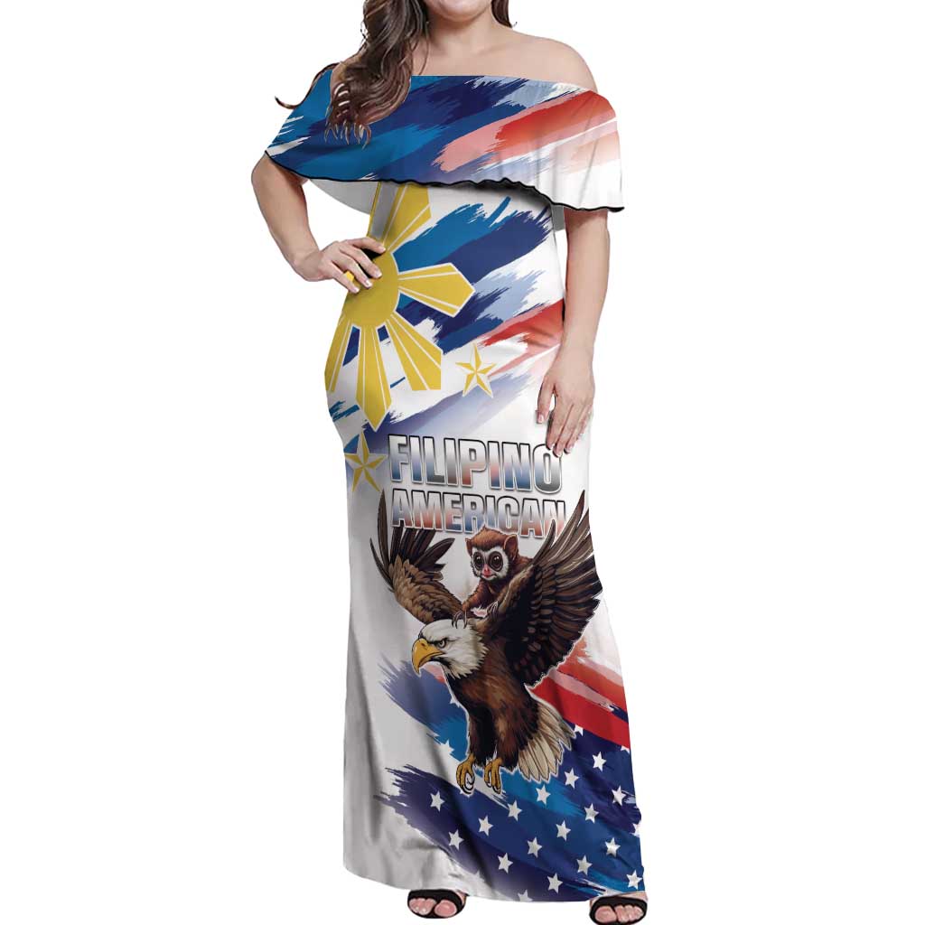 Filipino American History Month Off Shoulder Maxi Dress Bald Eagle Tarsier Together LT05 Women White - Polynesian Pride