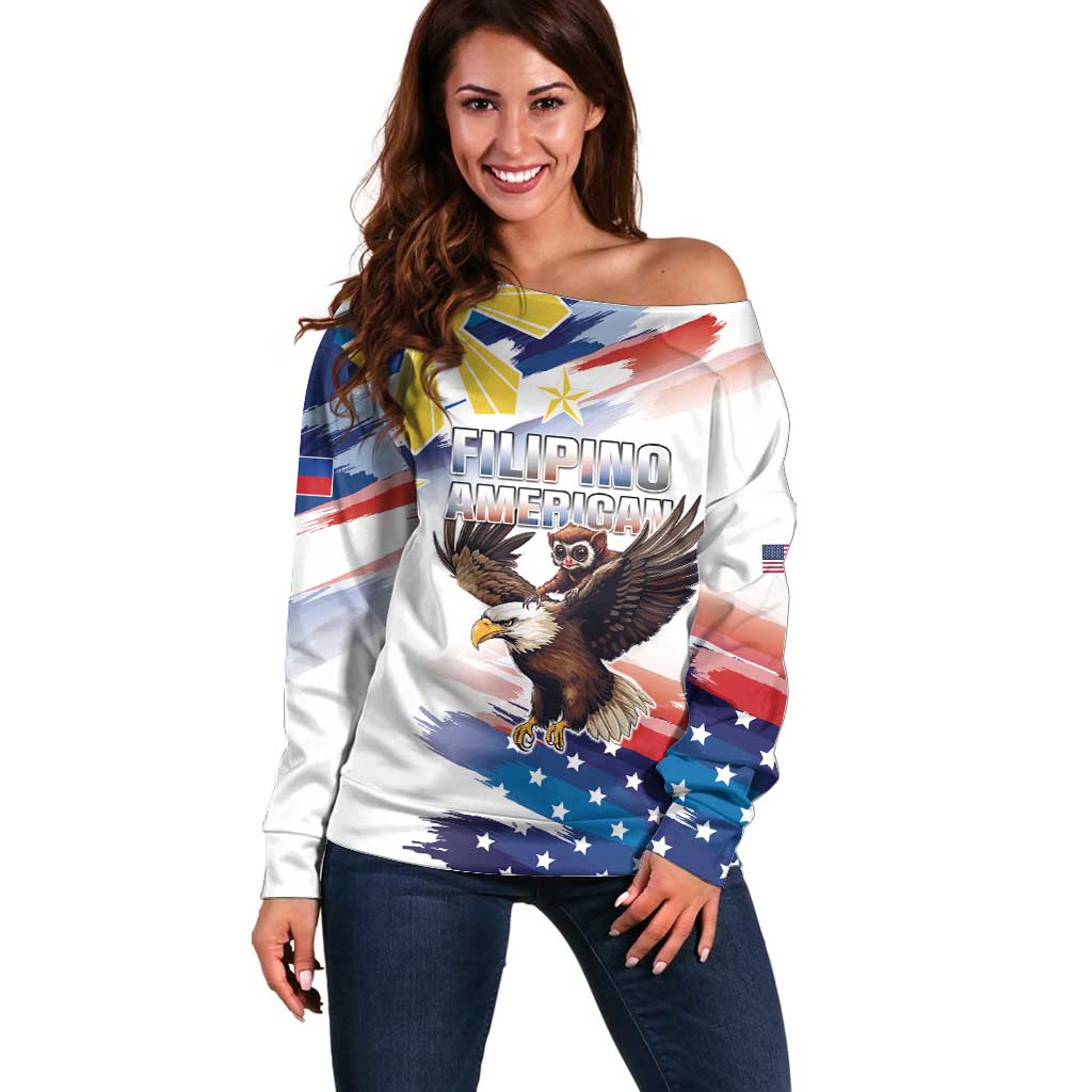 Filipino American History Month Off Shoulder Sweater Bald Eagle Tarsier Together