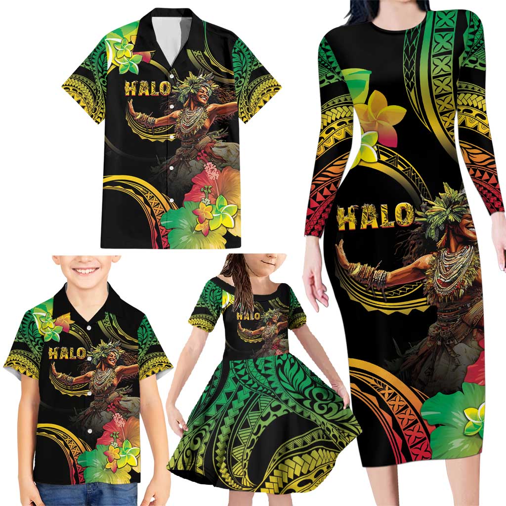 Halo Vanuatu Family Matching Long Sleeve Bodycon Dress and Hawaiian Shirt Beautiful Woman Dancing LT05 - Polynesian Pride