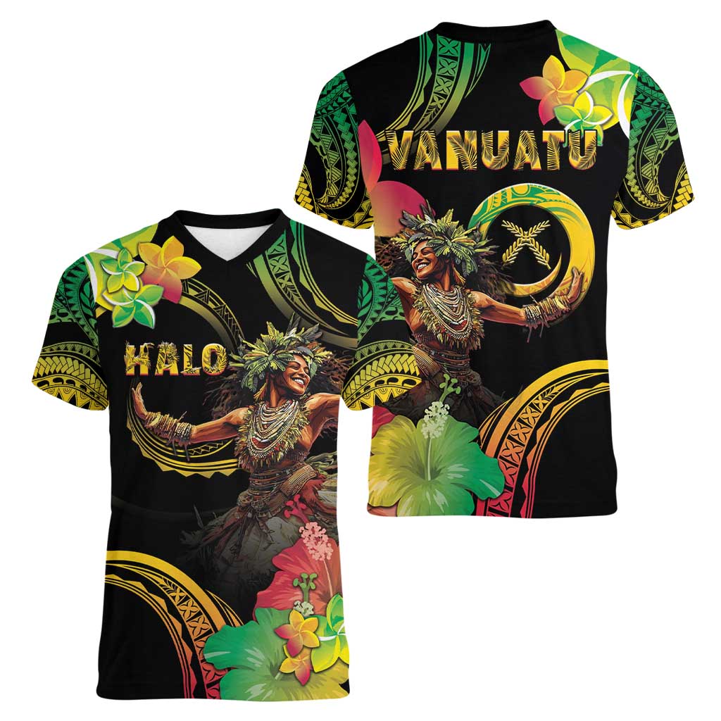 Halo Vanuatu Women V-Neck T-Shirt Beautiful Woman Dancing LT05 - Polynesian Pride