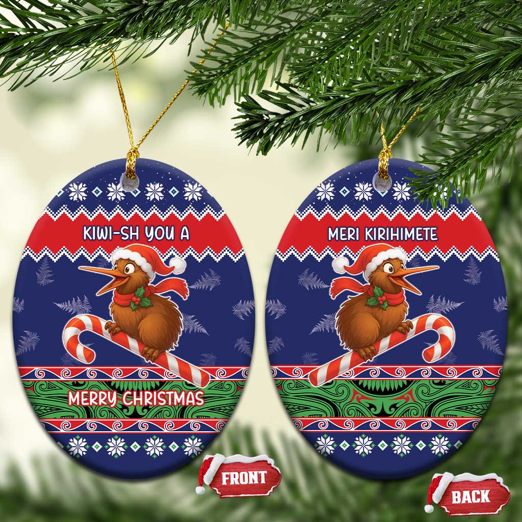 New Zealand Christmas Ceramic Ornament Kiwi-sh You A Merry Christmas LT05 Oval Blue - Polynesian Pride