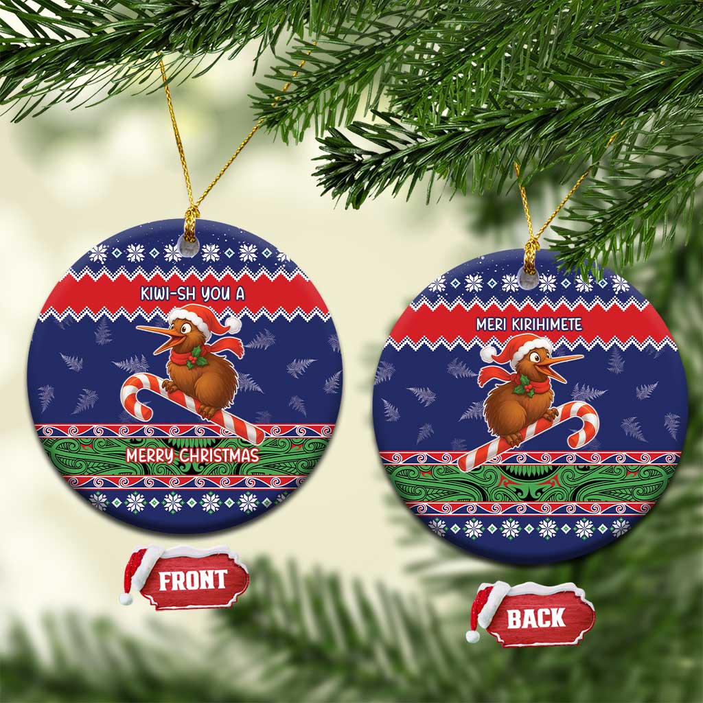 New Zealand Christmas Ceramic Ornament Kiwi-sh You A Merry Christmas LT05 Circle Blue - Polynesian Pride