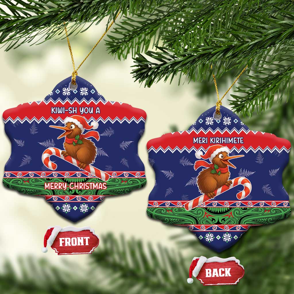 New Zealand Christmas Ceramic Ornament Kiwi-sh You A Merry Christmas LT05 Snow Flake Blue - Polynesian Pride
