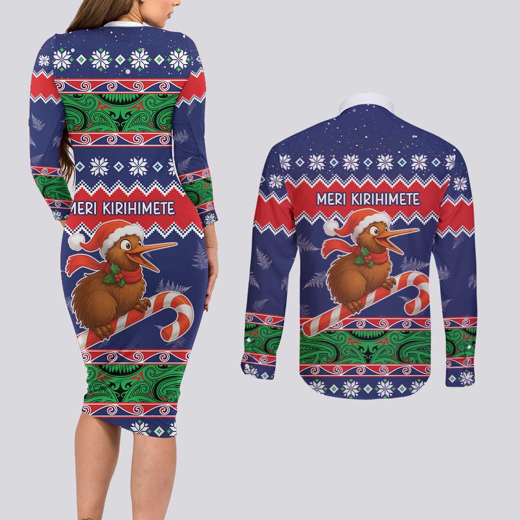 New Zealand Christmas Couples Matching Long Sleeve Bodycon Dress and Long Sleeve Button Shirt Kiwi-sh You A Merry Christmas - Polynesian Pride