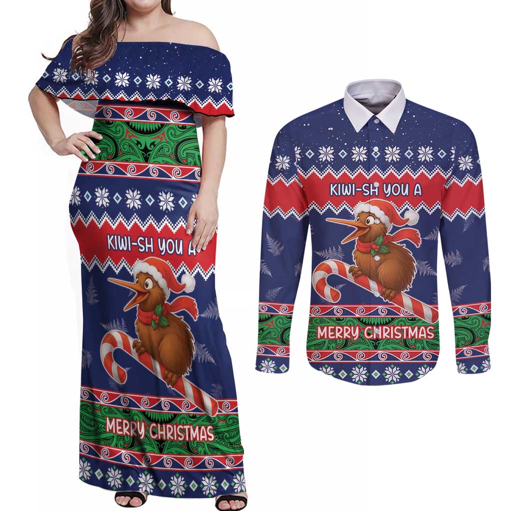 New Zealand Christmas Couples Matching Off Shoulder Maxi Dress and Long Sleeve Button Shirt Kiwi-sh You A Merry Christmas - Polynesian Pride