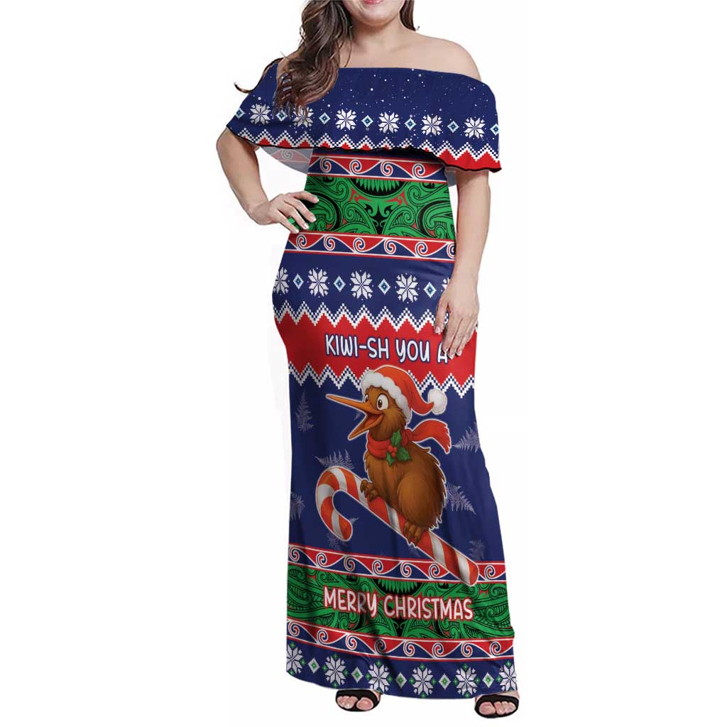 New Zealand Christmas Family Matching Off Shoulder Maxi Dress and Hawaiian Shirt Kiwi-sh You A Merry Christmas LT05 Mom's Dress Blue - Polynesian Pride