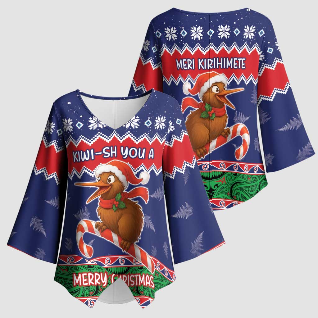 New Zealand Christmas Kimono Sleeve Blouse Kiwi-sh You A Merry Christmas - Polynesian Pride
