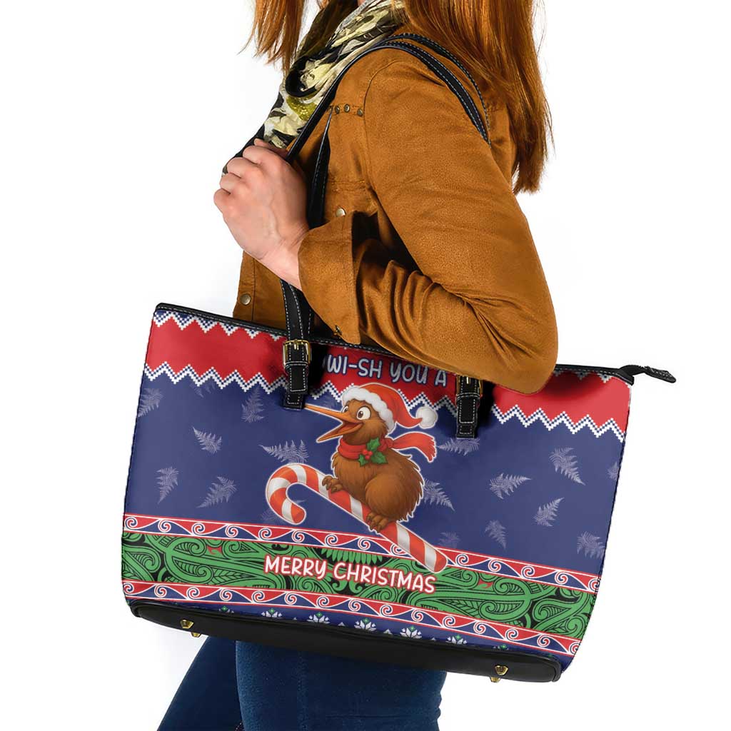 New Zealand Christmas Leather Tote Bag Kiwi-sh You A Merry Christmas LT05 Blue - Polynesian Pride