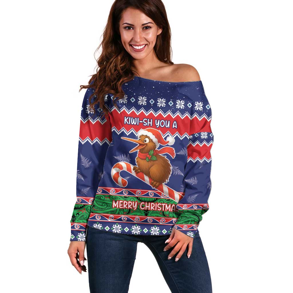 New Zealand Christmas Off Shoulder Sweater Kiwi-sh You A Merry Christmas LT05 Women Blue - Polynesian Pride