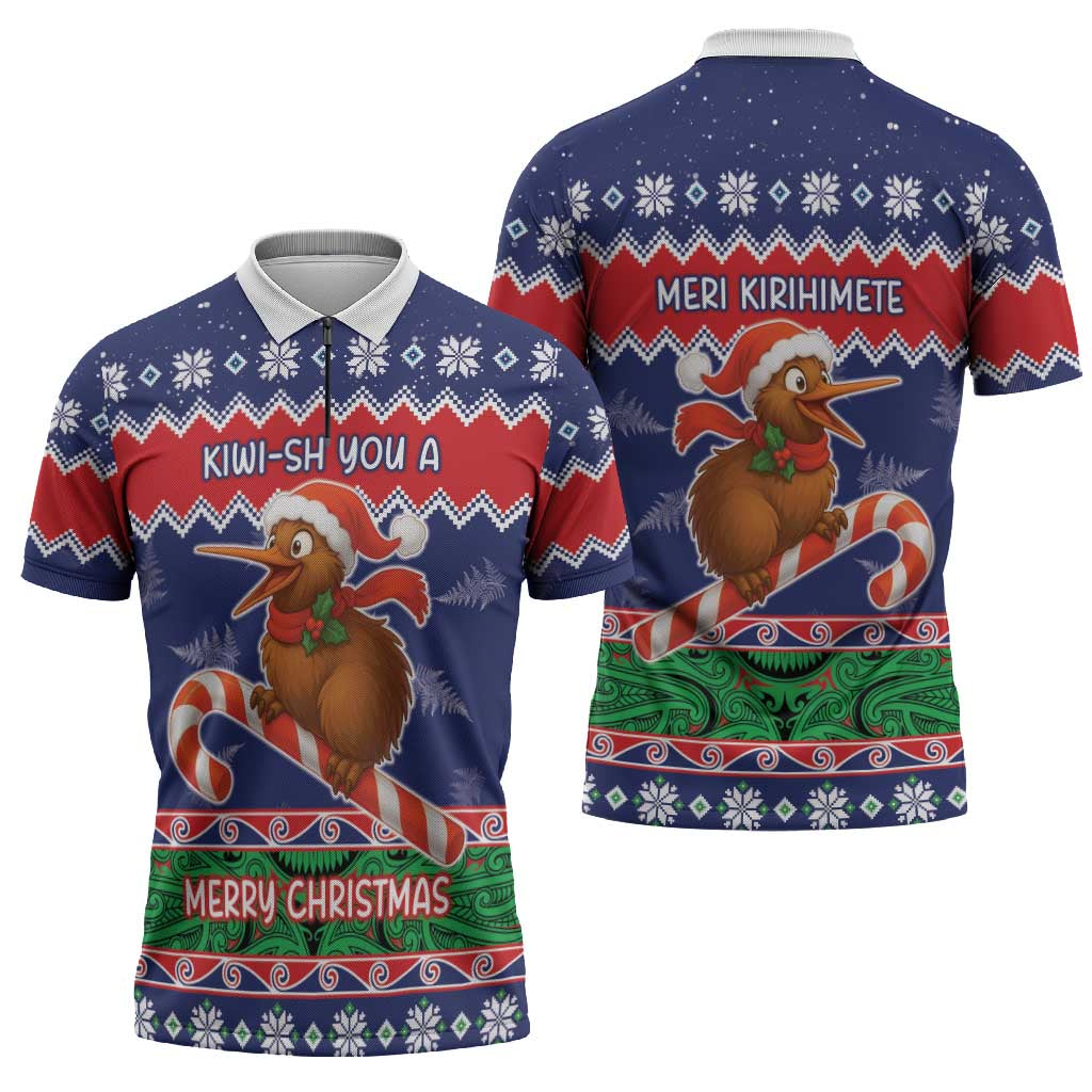 New Zealand Christmas Zipper Polo Shirt Kiwi-sh You A Merry Christmas - Polynesian Pride