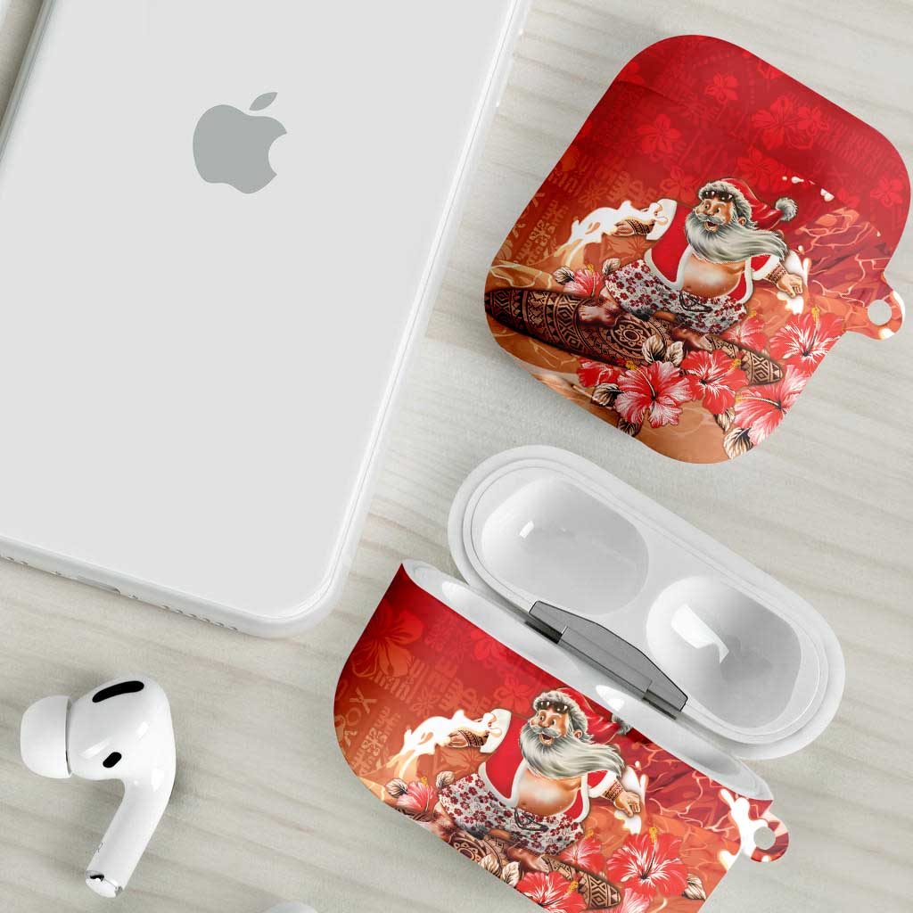 Hawaii Funny Christmas AirPods Case Santa Surfing With Tapa Pattern - Polynesian Pride