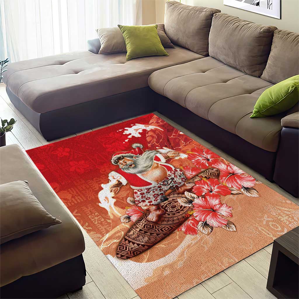 Hawaii Funny Christmas Area Rug Santa Surfing With Tapa Pattern - Polynesian Pride