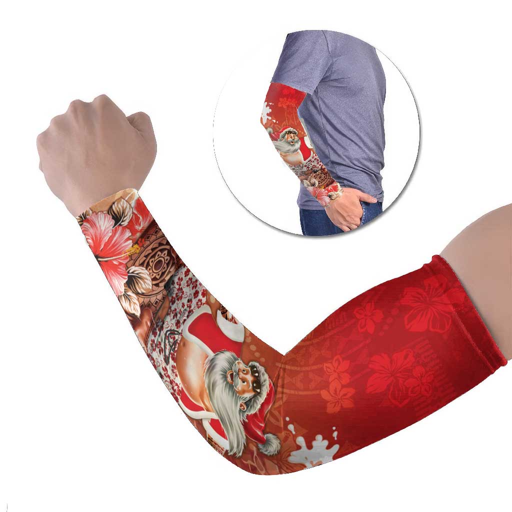 Hawaii Funny Christmas Arm Sleeves Santa Surfing With Tapa Pattern - Polynesian Pride