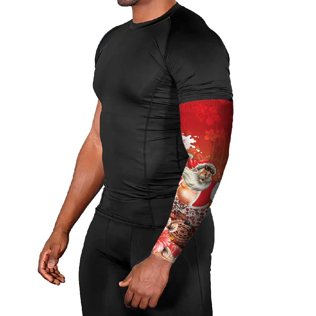 Hawaii Funny Christmas Arm Sleeves Santa Surfing With Tapa Pattern - Polynesian Pride