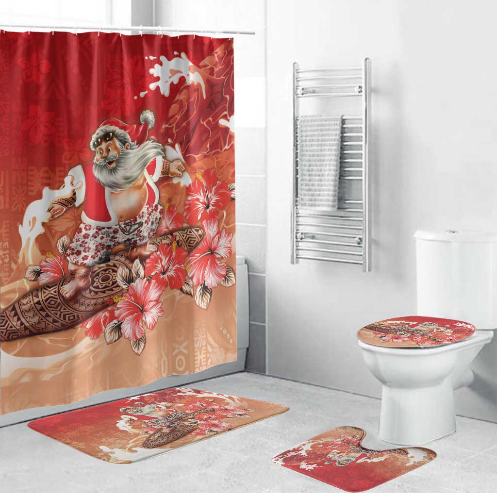 Hawaii Funny Christmas Bathroom Set Santa Surfing With Tapa Pattern - Polynesian Pride