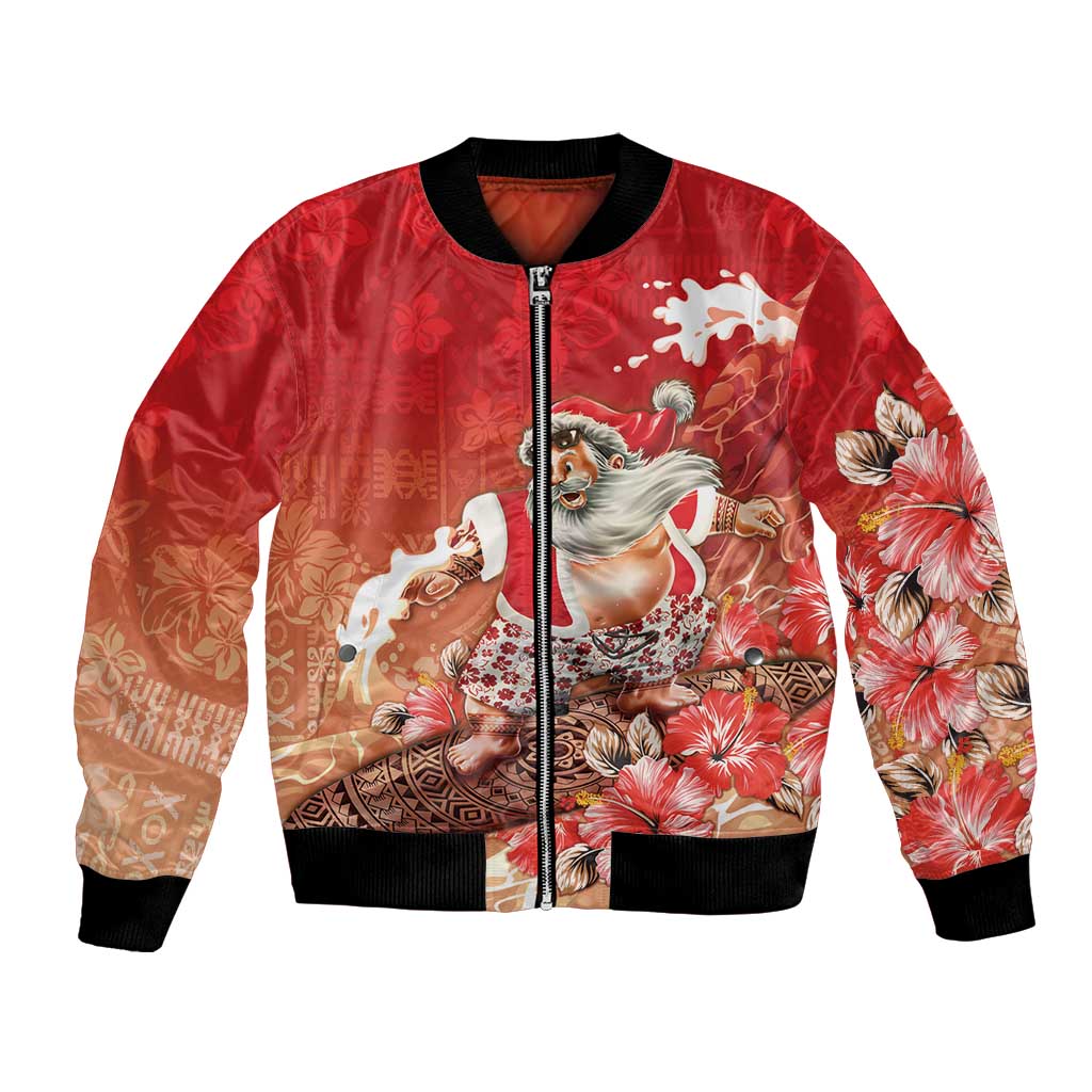 Hawaii Funny Christmas Bomber Jacket Santa Surfing With Tapa Pattern LT05 Unisex Red - Polynesian Pride
