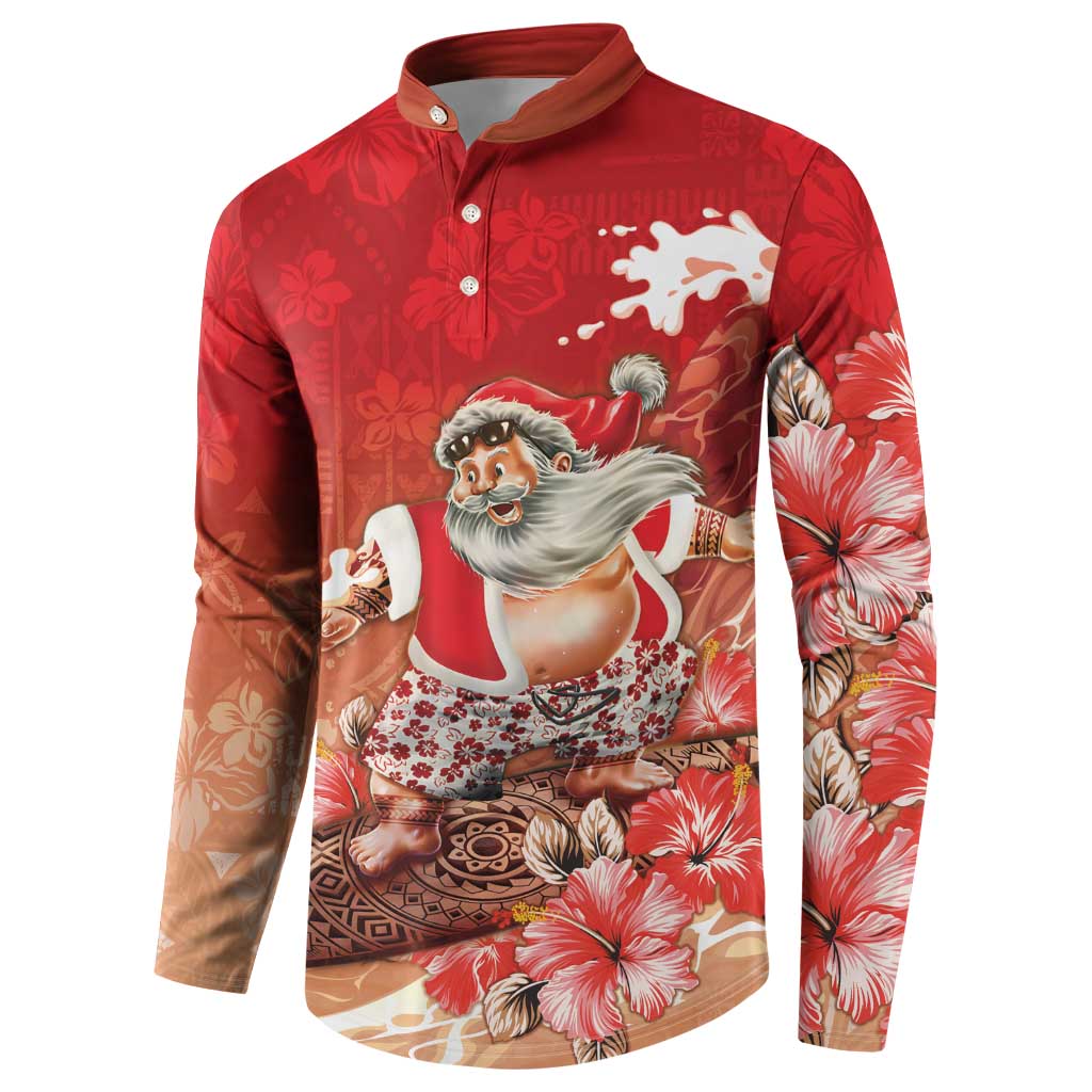Hawaii Funny Christmas Button Sweatshirt Santa Surfing With Tapa Pattern - Polynesian Pride