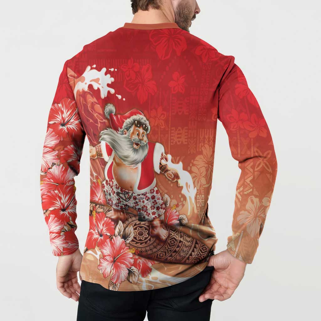 Hawaii Funny Christmas Button Sweatshirt Santa Surfing With Tapa Pattern - Polynesian Pride