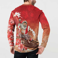 Hawaii Funny Christmas Button Sweatshirt Santa Surfing With Tapa Pattern - Polynesian Pride
