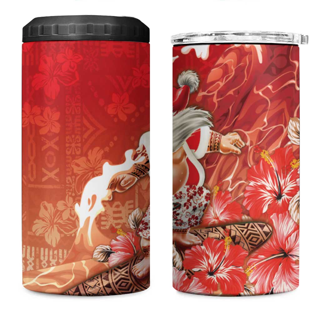 Hawaii Funny Christmas 4 in 1 Can Cooler Tumbler Santa Surfing With Tapa Pattern - Polynesian Pride