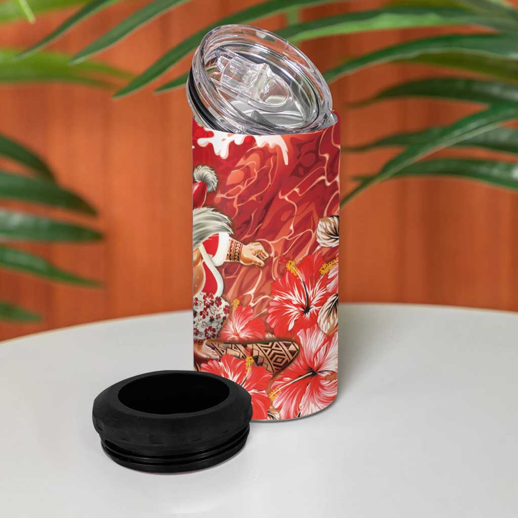 Hawaii Funny Christmas 4 in 1 Can Cooler Tumbler Santa Surfing With Tapa Pattern - Polynesian Pride