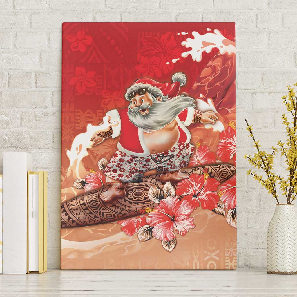 Hawaii Funny Christmas Canvas Wall Art Santa Surfing With Tapa Pattern - Polynesian Pride
