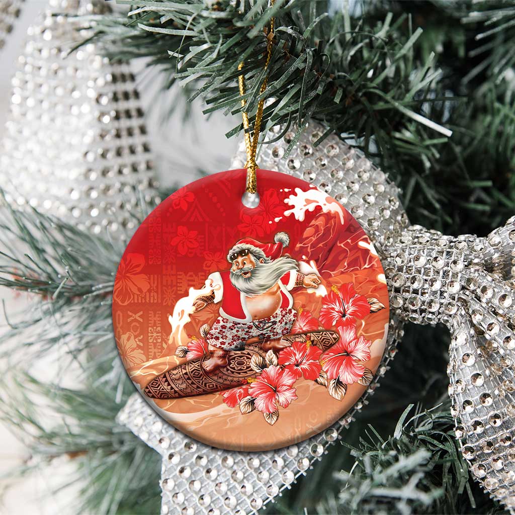 Hawaii Funny Christmas Ceramic Ornament Santa Surfing With Tapa Pattern - Polynesian Pride