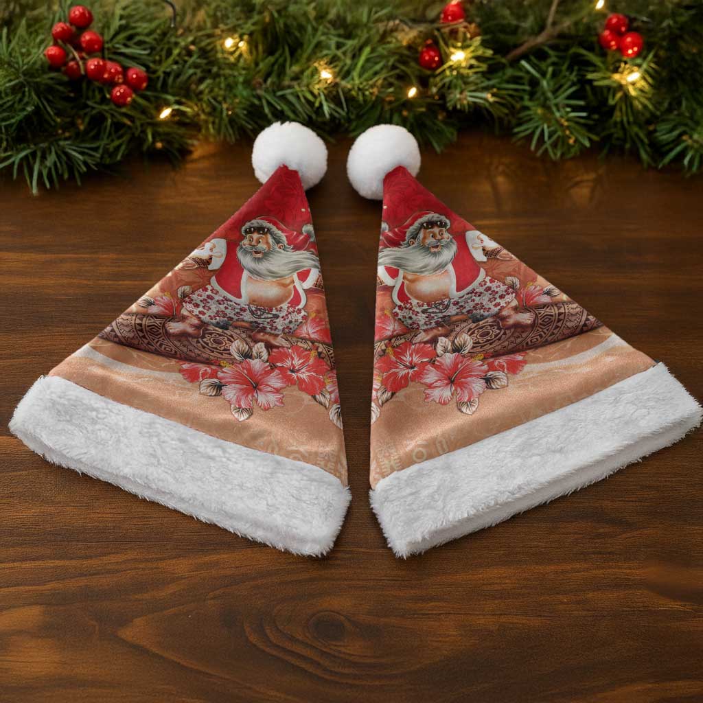 Hawaii Funny Christmas Santa Hat Santa Surfing With Tapa Pattern - Polynesian Pride
