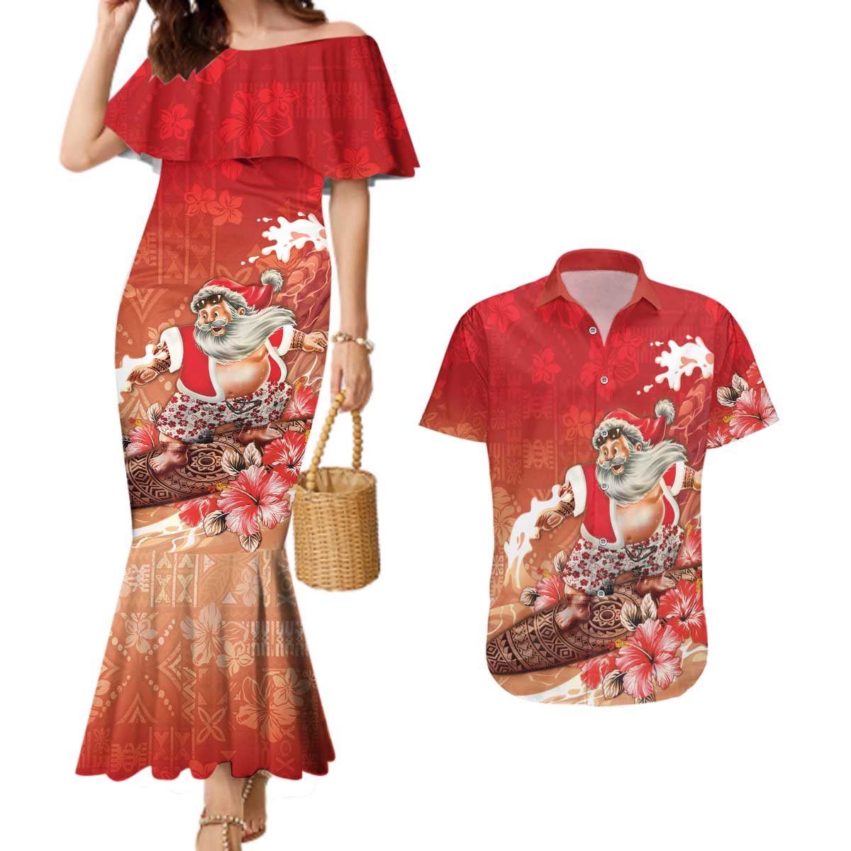 Hawaii Funny Christmas Couples Matching Mermaid Dress and Hawaiian Shirt Santa Surfing With Tapa Pattern - Polynesian Pride