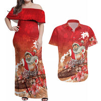 Hawaii Funny Christmas Couples Matching Off Shoulder Maxi Dress and Hawaiian Shirt Santa Surfing With Tapa Pattern - Polynesian Pride