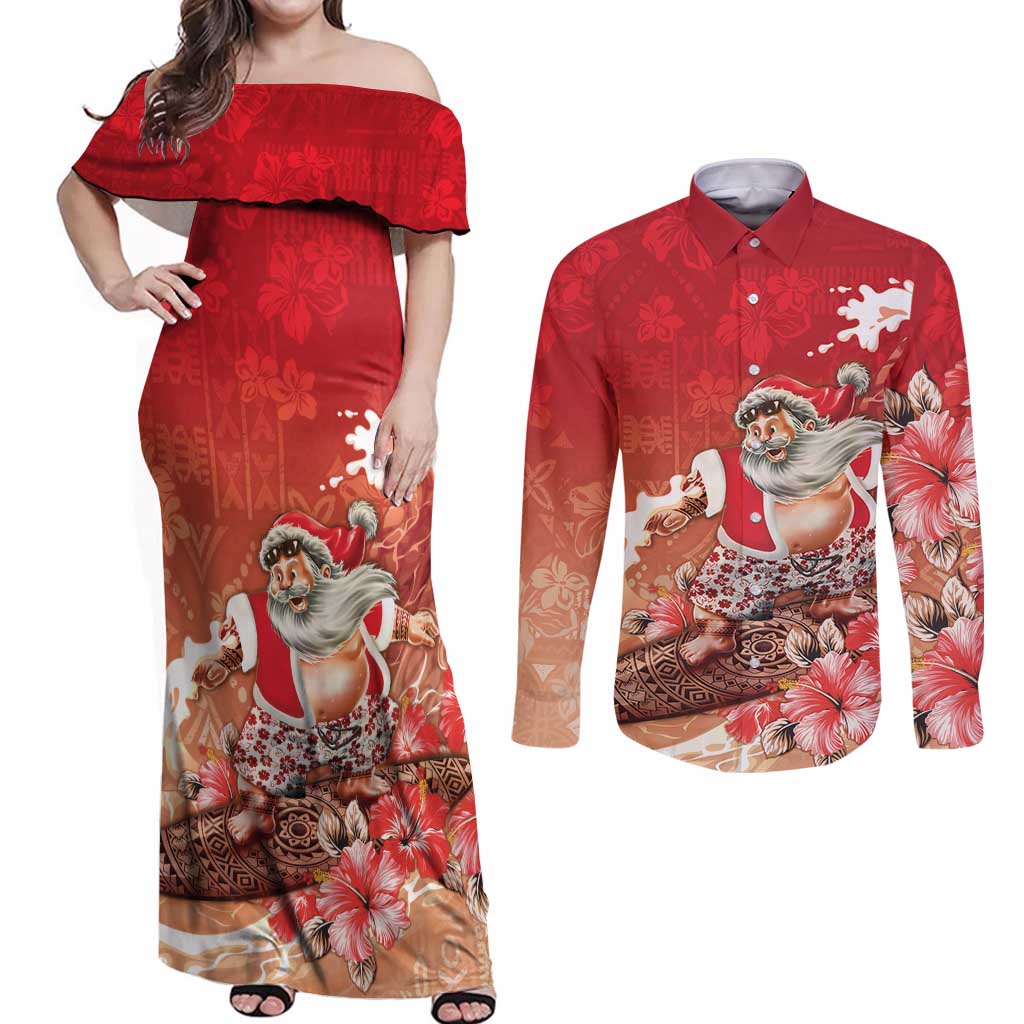 Hawaii Funny Christmas Couples Matching Off Shoulder Maxi Dress and Long Sleeve Button Shirt Santa Surfing With Tapa Pattern - Polynesian Pride