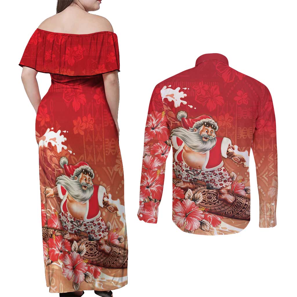 Hawaii Funny Christmas Couples Matching Off Shoulder Maxi Dress and Long Sleeve Button Shirt Santa Surfing With Tapa Pattern - Polynesian Pride