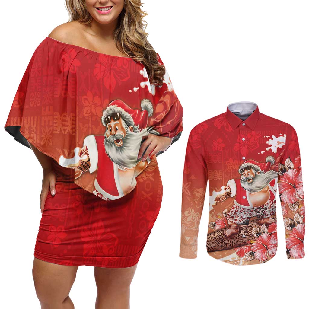 Hawaii Funny Christmas Couples Matching Off Shoulder Short Dress and Long Sleeve Button Shirt Santa Surfing With Tapa Pattern - Polynesian Pride