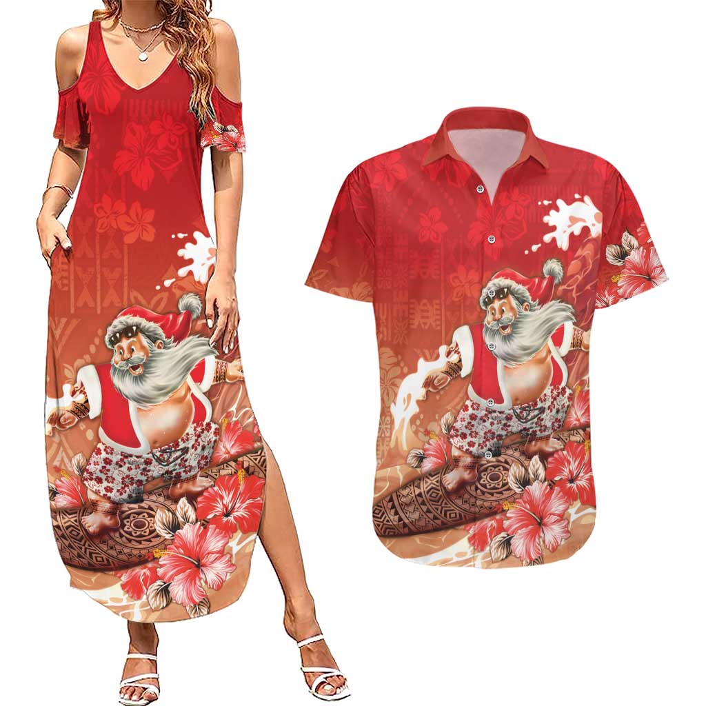 Hawaii Funny Christmas Couples Matching Summer Maxi Dress and Hawaiian Shirt Santa Surfing With Tapa Pattern - Polynesian Pride