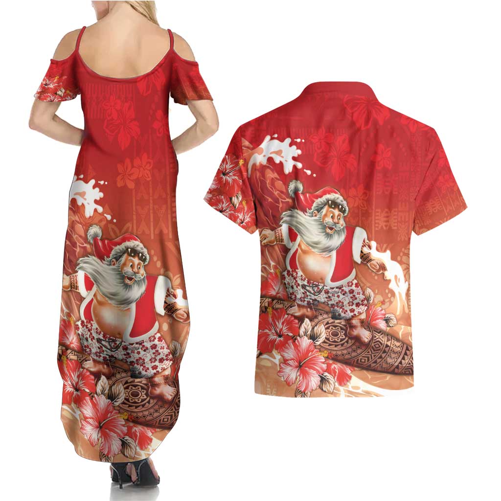 Hawaii Funny Christmas Couples Matching Summer Maxi Dress and Hawaiian Shirt Santa Surfing With Tapa Pattern - Polynesian Pride