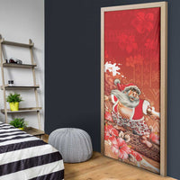 Hawaii Funny Christmas Door Cover Santa Surfing With Tapa Pattern - Polynesian Pride