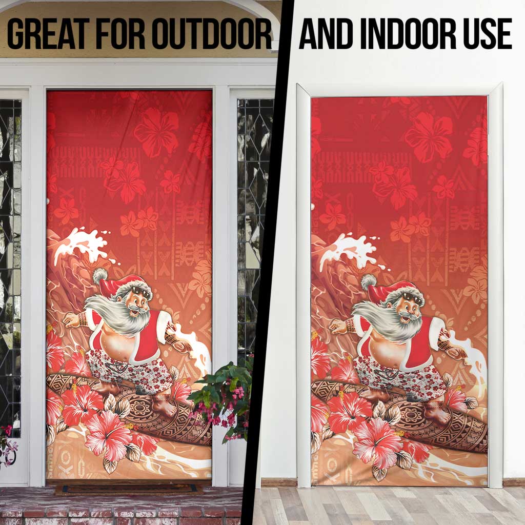 Hawaii Funny Christmas Door Cover Santa Surfing With Tapa Pattern - Polynesian Pride