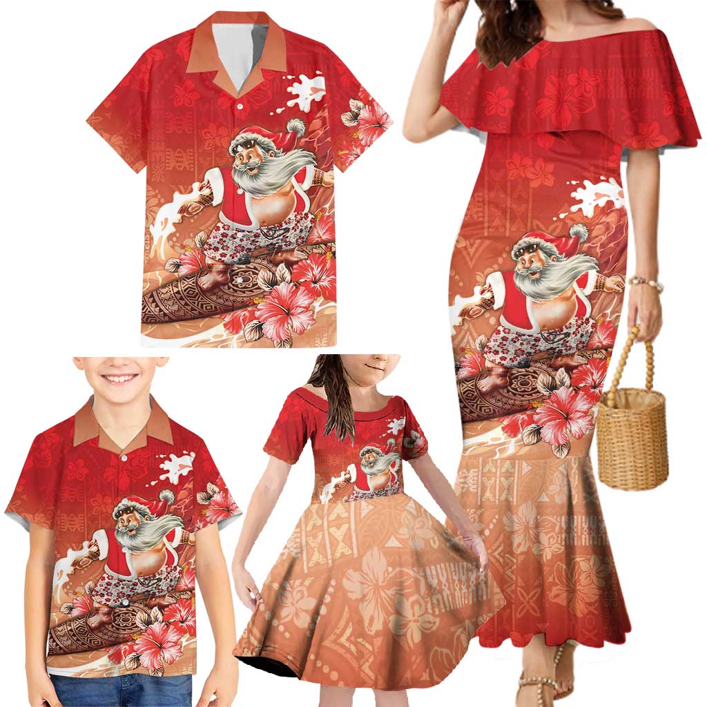 Hawaii Funny Christmas Family Matching Mermaid Dress and Hawaiian Shirt Santa Surfing With Tapa Pattern - Polynesian Pride