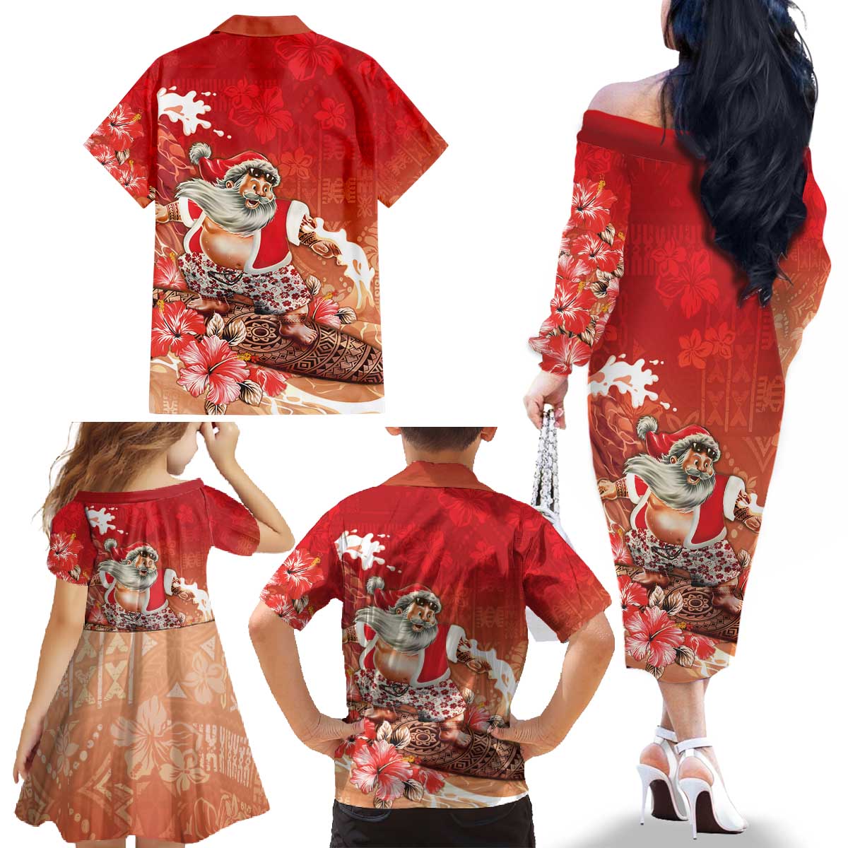 Hawaii Funny Christmas Family Matching Off The Shoulder Long Sleeve Dress and Hawaiian Shirt Santa Surfing With Tapa Pattern - Polynesian Pride