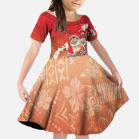 Hawaii Funny Christmas Family Matching Puletasi and Hawaiian Shirt Santa Surfing With Tapa Pattern LT05 Daughter's Dress Red - Polynesian Pride