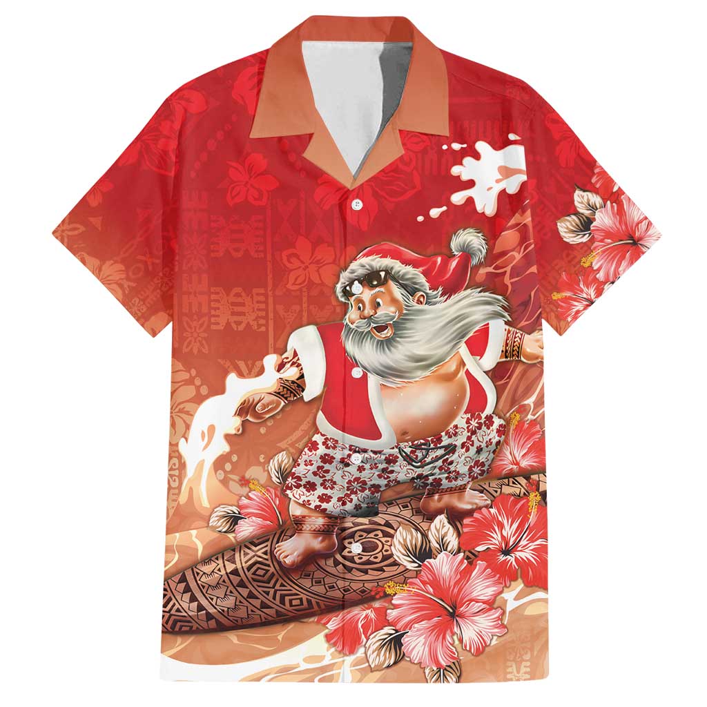 Hawaii Funny Christmas Family Matching Puletasi and Hawaiian Shirt Santa Surfing With Tapa Pattern LT05 Dad's Shirt - Short Sleeve Red - Polynesian Pride