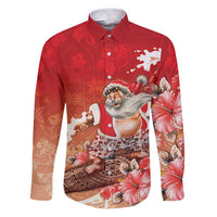 Hawaii Funny Christmas Family Matching Puletasi and Hawaiian Shirt Santa Surfing With Tapa Pattern LT05 Dad's Shirt - Long Sleeve Red - Polynesian Pride