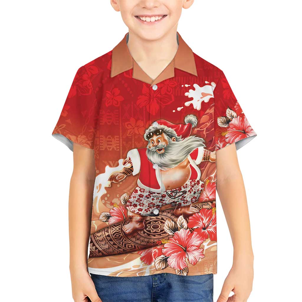 Hawaii Funny Christmas Family Matching Puletasi and Hawaiian Shirt Santa Surfing With Tapa Pattern LT05 Son's Shirt Red - Polynesian Pride